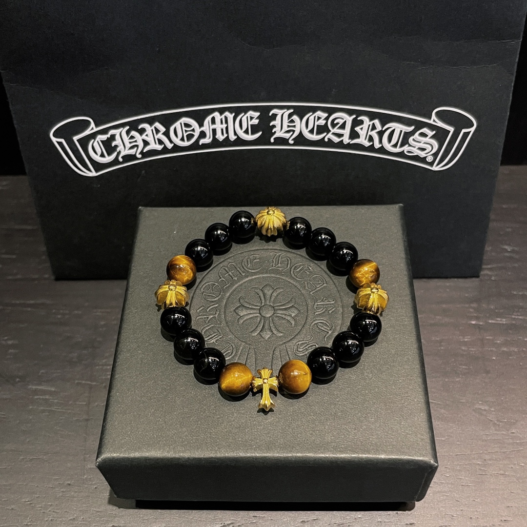 Chrome Hearts 925 실버 크로스 블랙 오닉스 앰버 비드 팔찌｜8mm