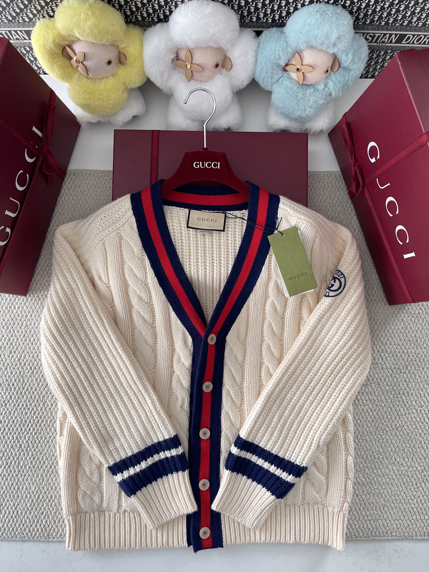 구찌 케이블 울 니트 가디건 웹 아이보리